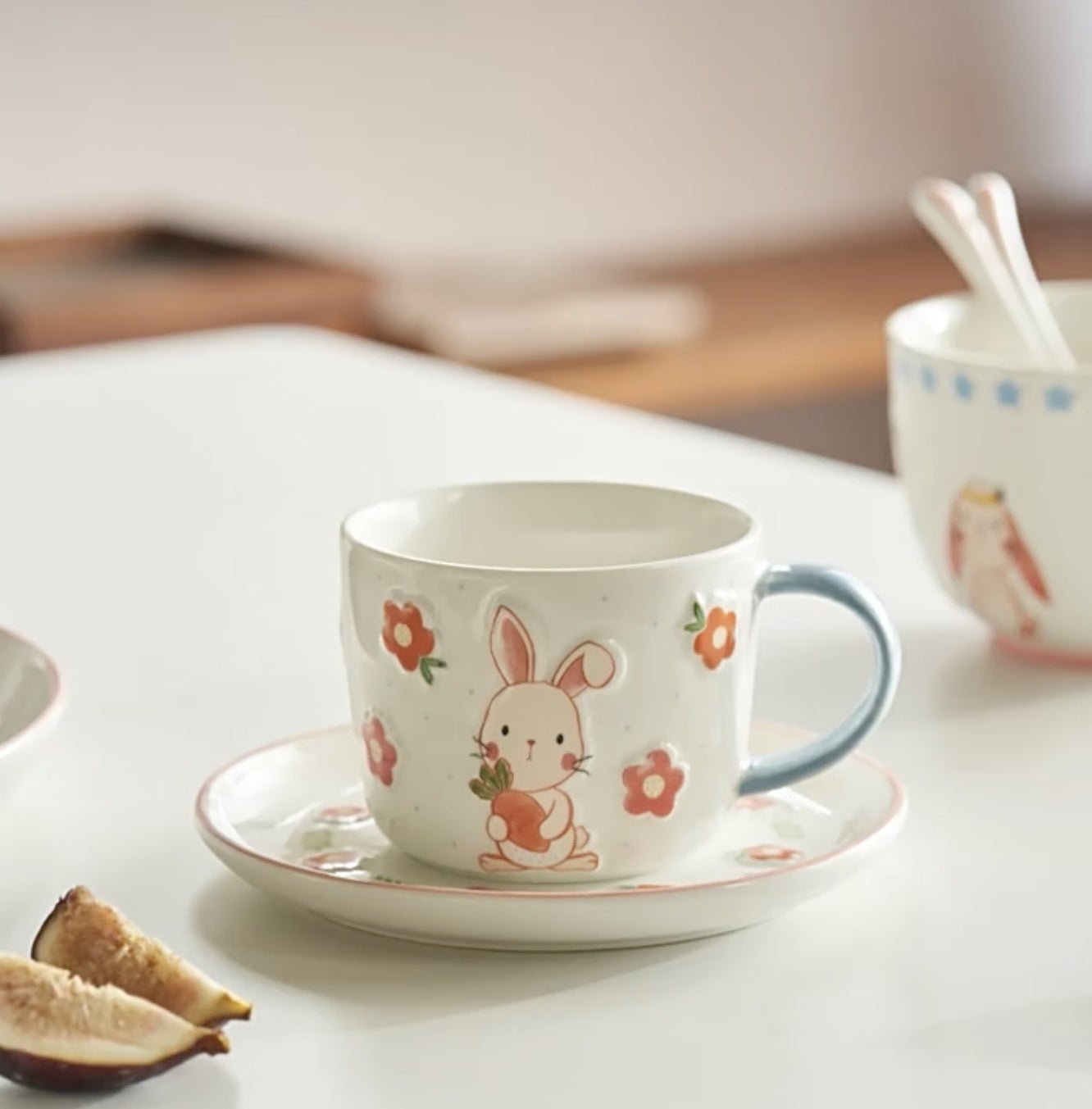 Embossed Glaze Bunny Cup & Saucer SetPorcelain / Ceramic