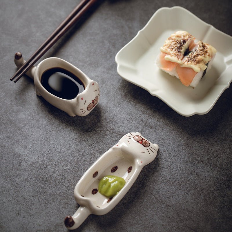 Handmade Jingdezhen Cat Sauce DishCoarse Pottery
