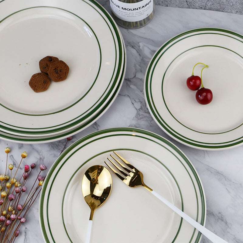 Urban Style Round Platter w/ Green Rim CottagePorcelain / Ceramic