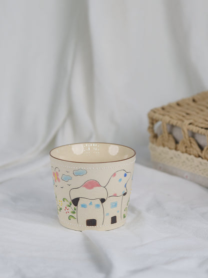 Ceramic cup with a llama illustration on a white background