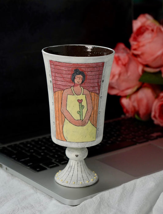 Woman portrait pedestal ceramic cup displayed beside a laptop and pink roses.