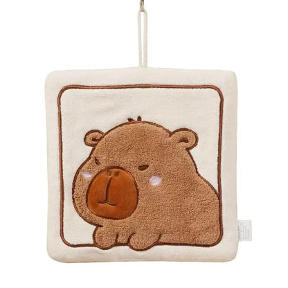 Capybara Hand Towel-Square plush toy with a bear design on a white background