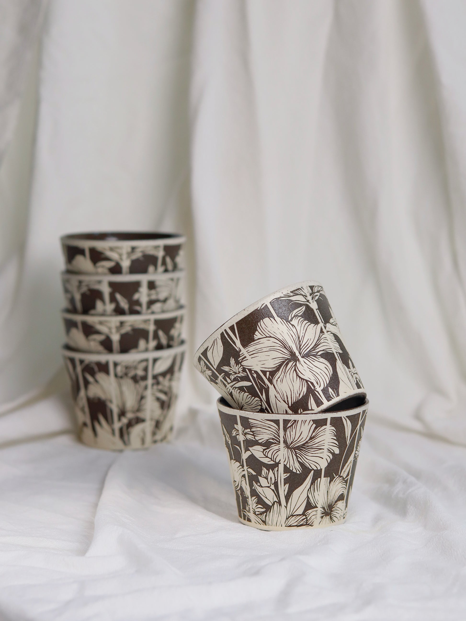 Collection of handcrafted botanical sgraffito ceramic cup