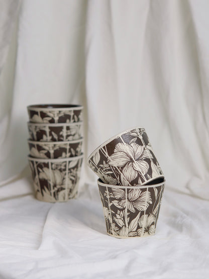 Collection of handcrafted botanical sgraffito ceramic cup