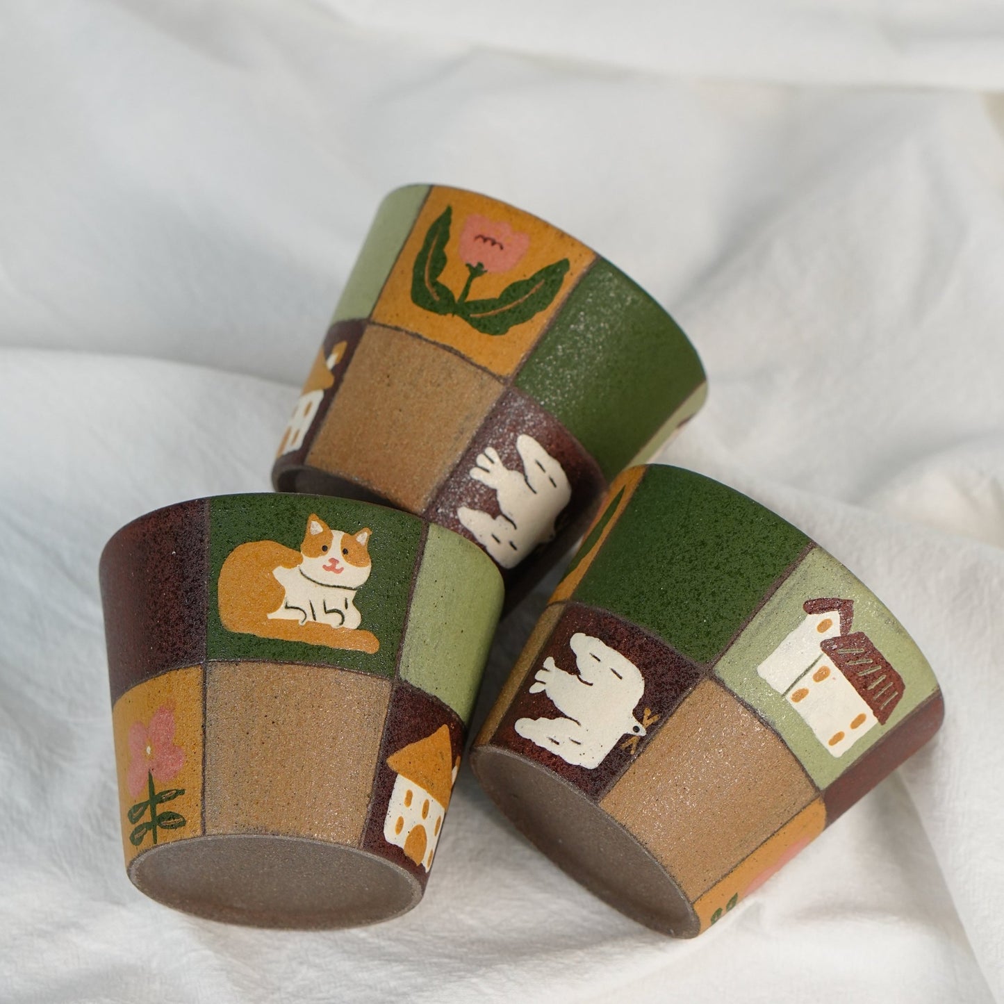 Countryside Patchwork Cat CupCoarse Pottery
