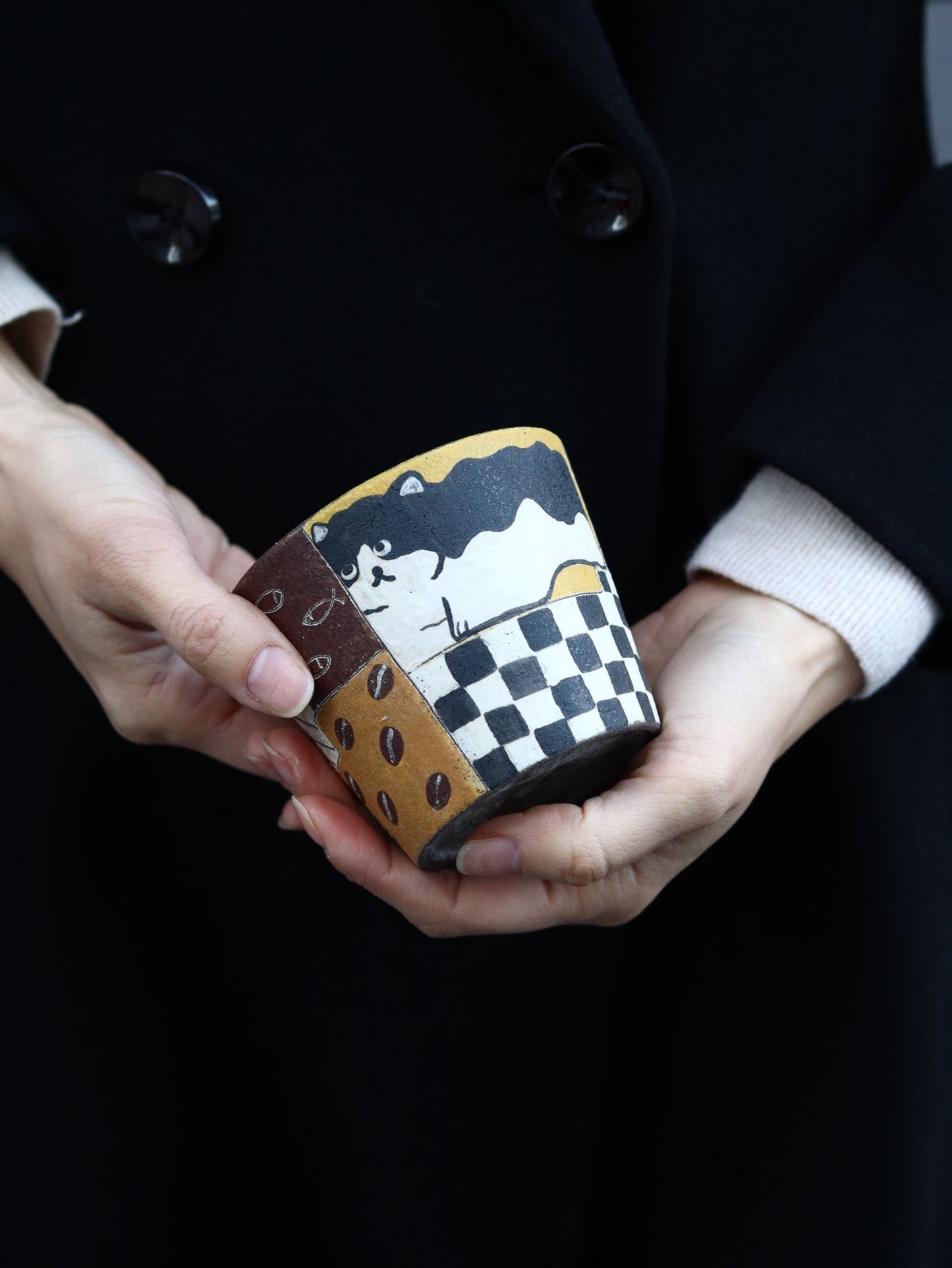 Hand-Painted Black Cat Ceramic Guinomi CupCoarse Pottery