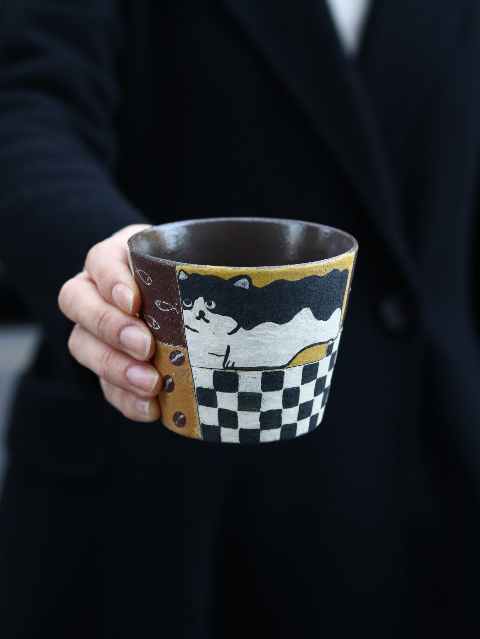 Hand-Painted Black Cat Ceramic Guinomi CupCoarse Pottery