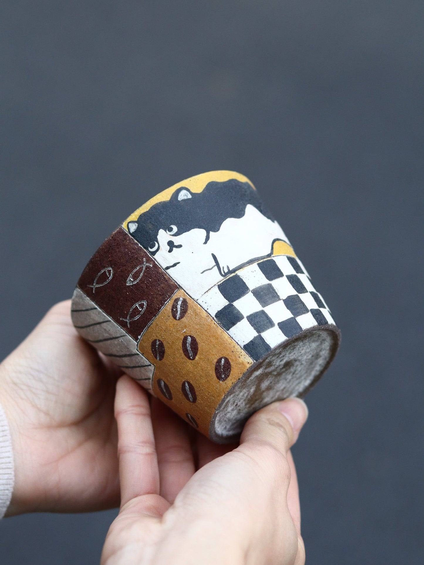Hand-Painted Black Cat Ceramic Guinomi CupCoarse Pottery