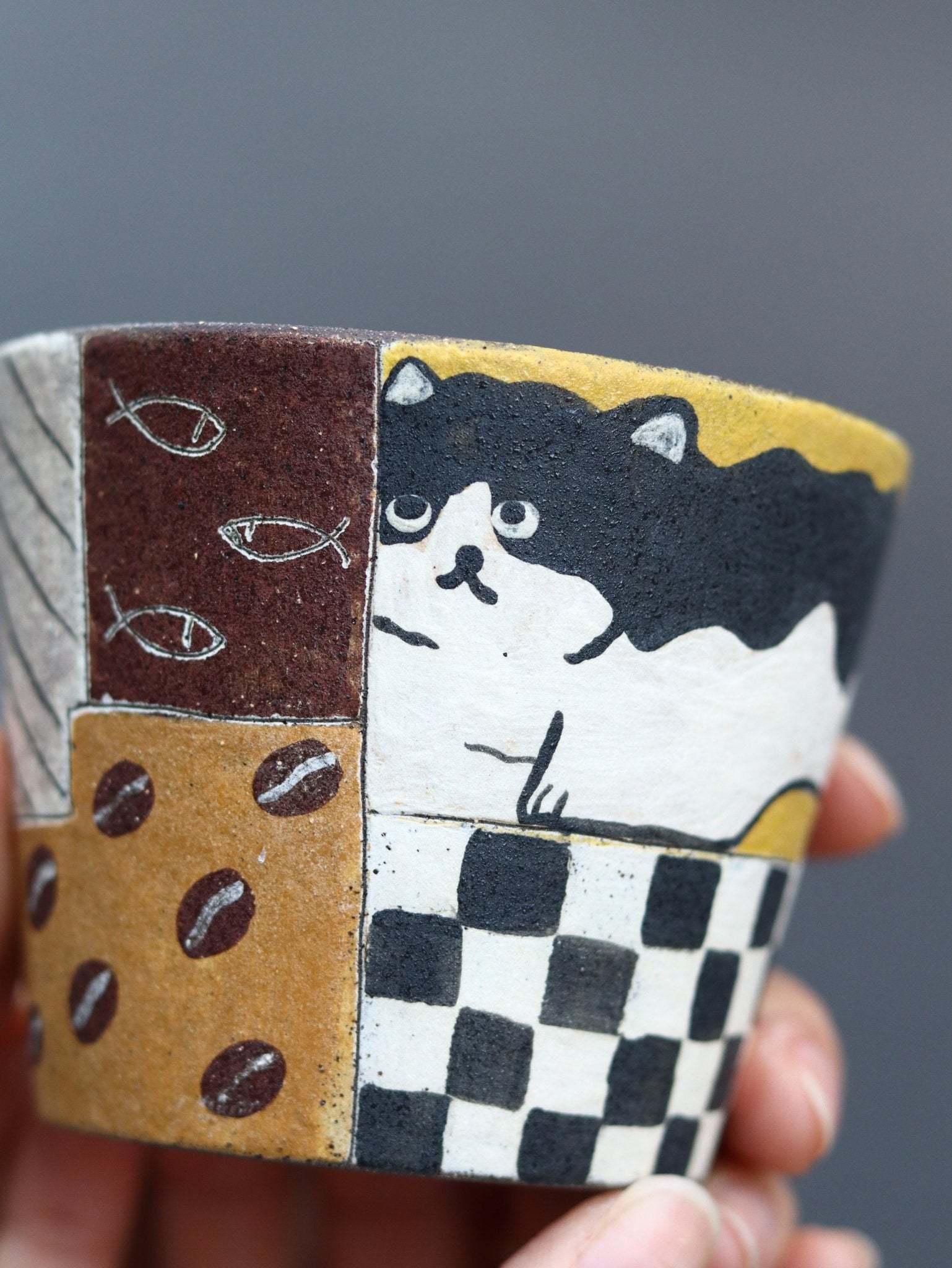 Hand-Painted Black Cat Ceramic Guinomi CupCoarse Pottery