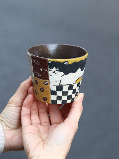 Hand-Painted Black Cat Ceramic Guinomi CupCoarse Pottery
