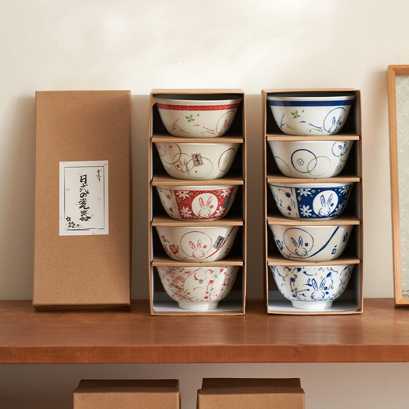 Japanese - style rice bowl / Gift box set of FivePorcelain / Ceramic