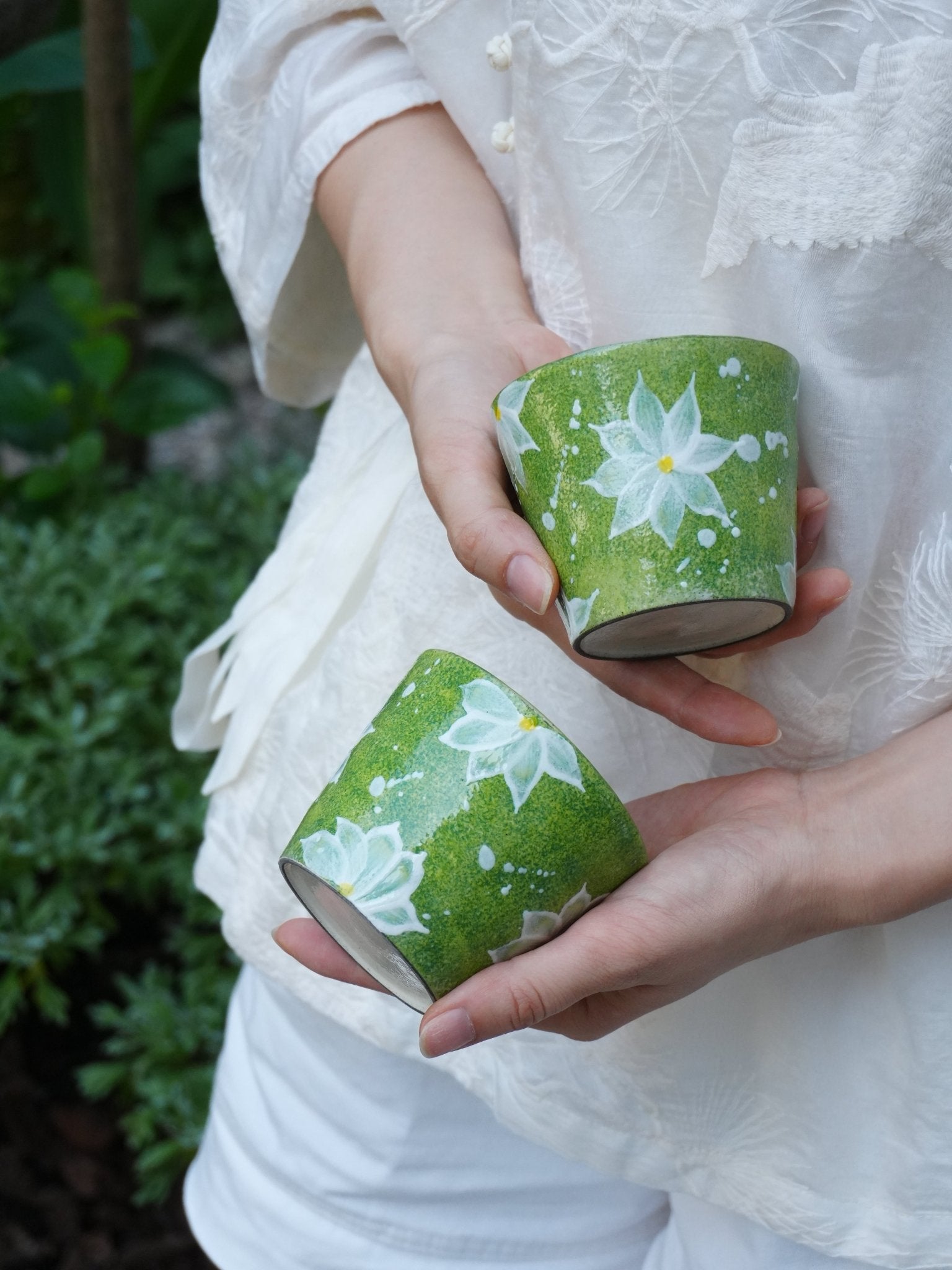 Lime Blossom Hand - Painted CupPorcelain / Ceramic