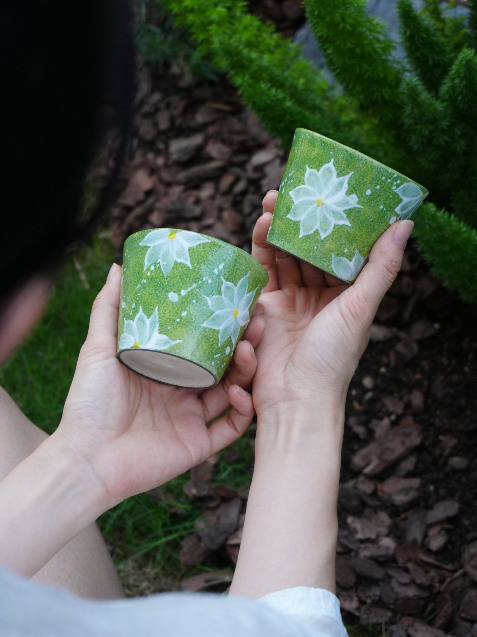 Lime Blossom Hand - Painted CupPorcelain / Ceramic