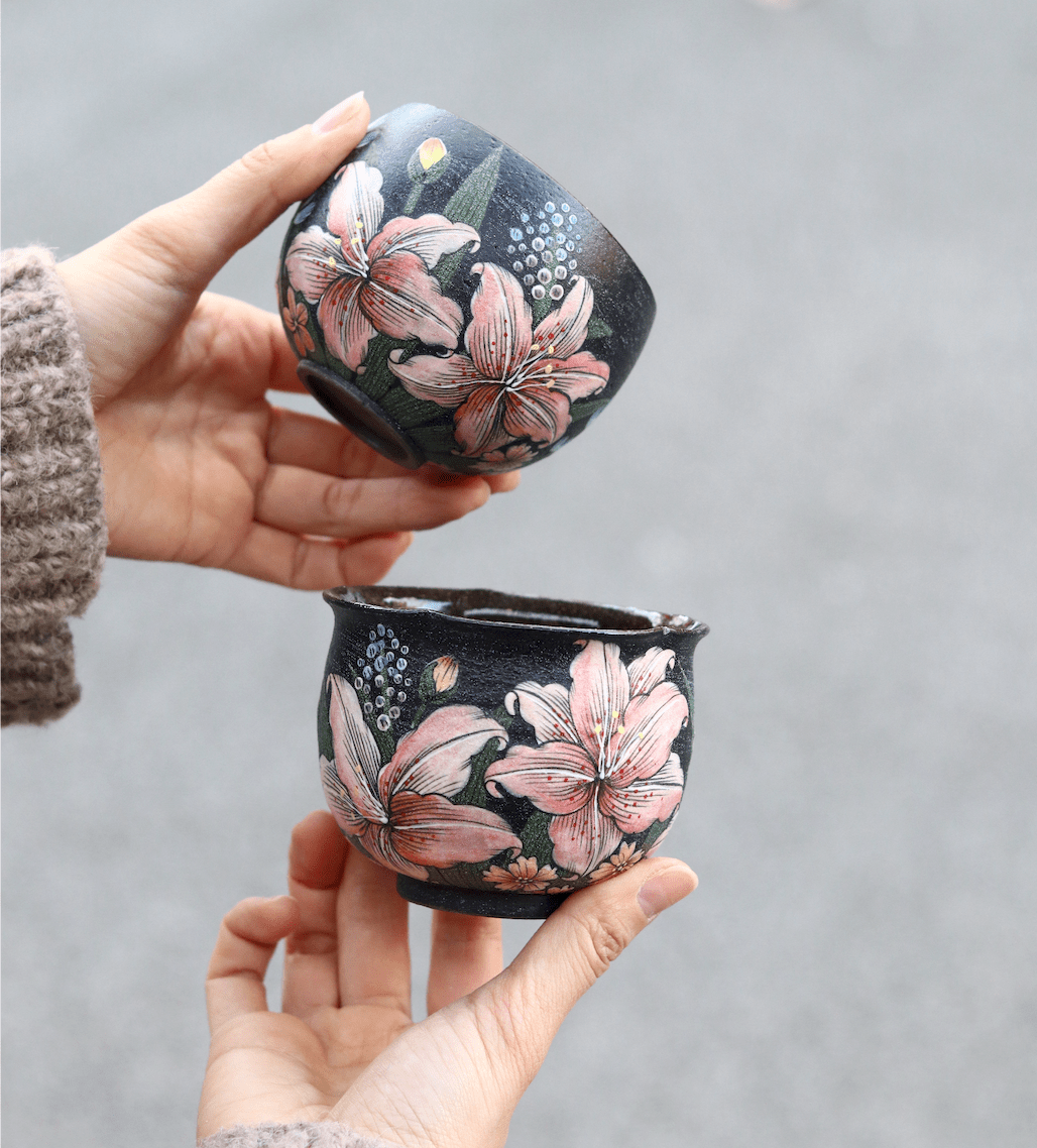 Midnight Lily Hand - Painted Tea Cup X QiuCoarse Pottery