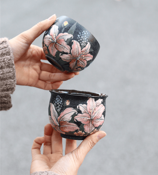 Midnight Lily Hand - Painted Tea Cup X QiuCoarse Pottery