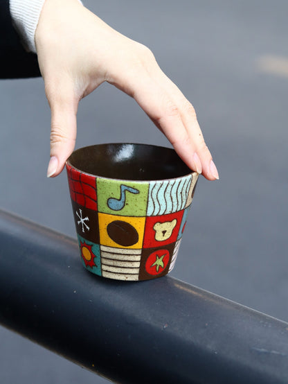 Whimsical Patchwork Hand - Painted Ceramic CupCoarse Pottery