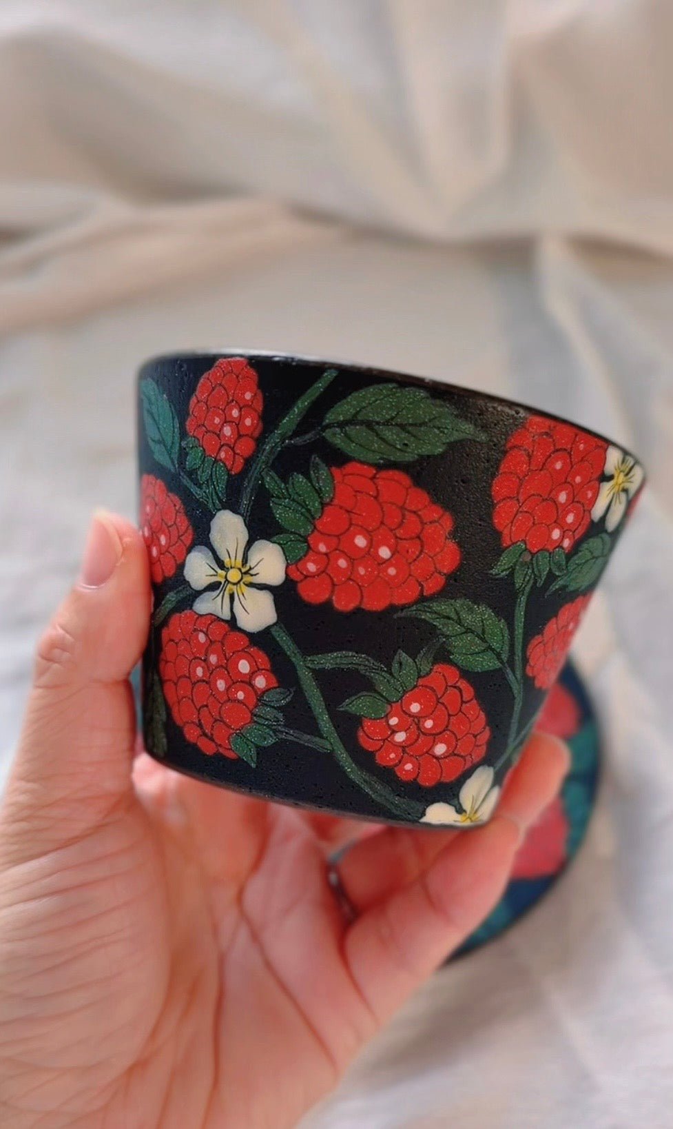 Wild Raspberry Bloom Cup & Saucer Set X QiuCoarse Pottery