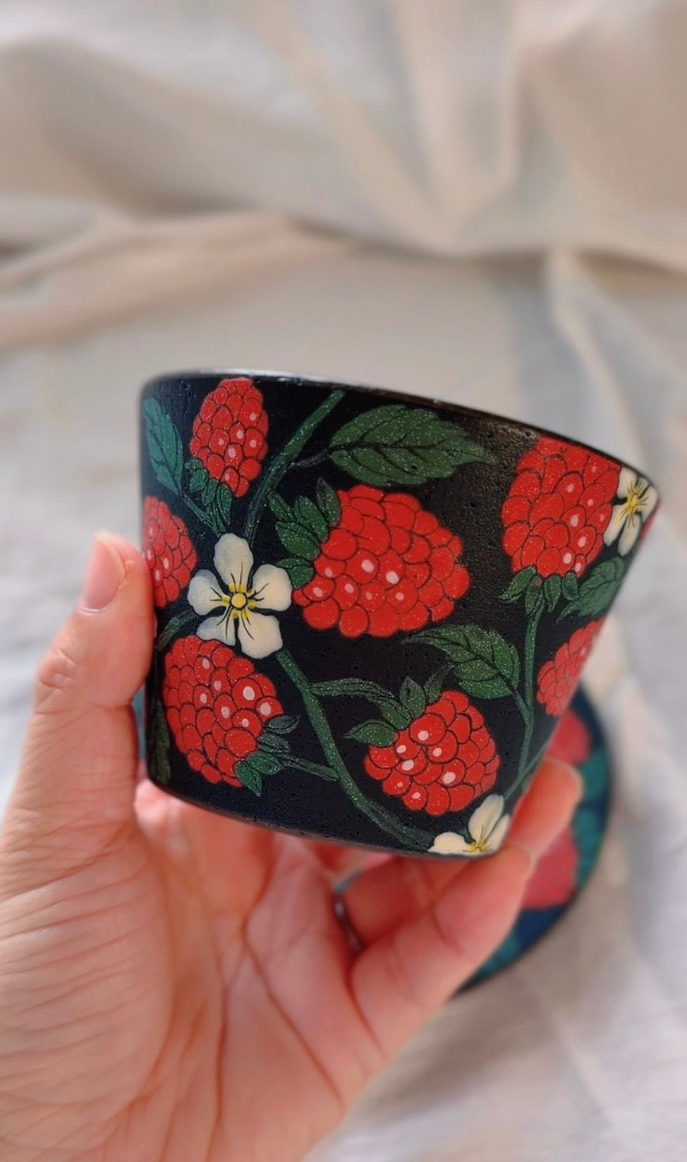 Wild Raspberry Bloom Cup & Saucer Set X QiuCoarse Pottery