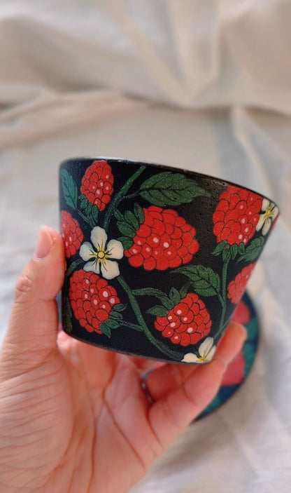 Wild Raspberry Bloom Cup & Saucer Set X QiuCoarse Pottery